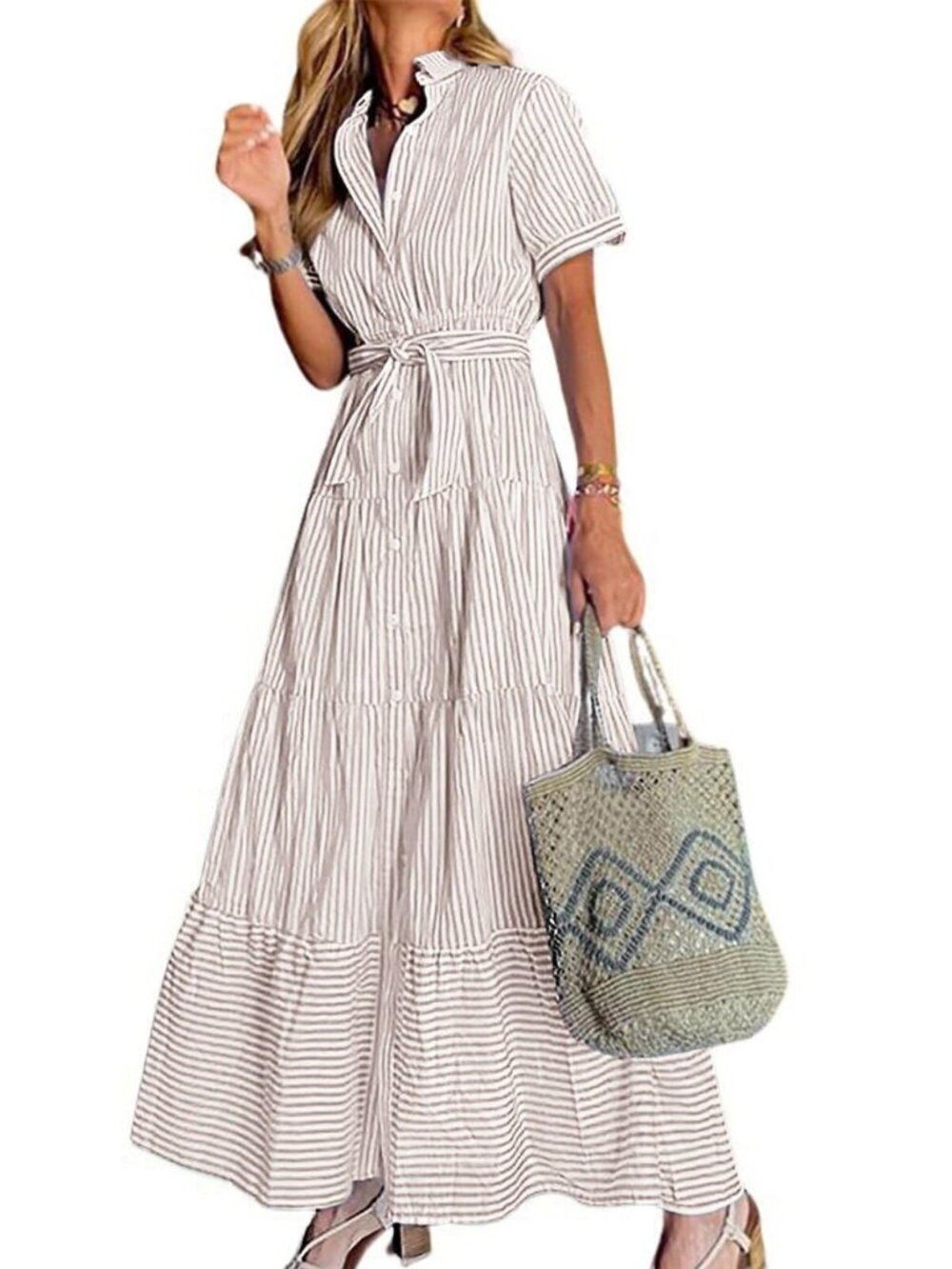 Womens Casual Short Sleeve Button Down Tie Waist Ruffled Striped Maxi Shirt